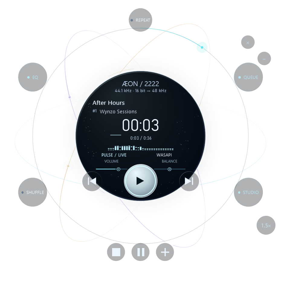 Wynzo ÆON native player with translucent command lenses, orbital controls and a reactive particle field