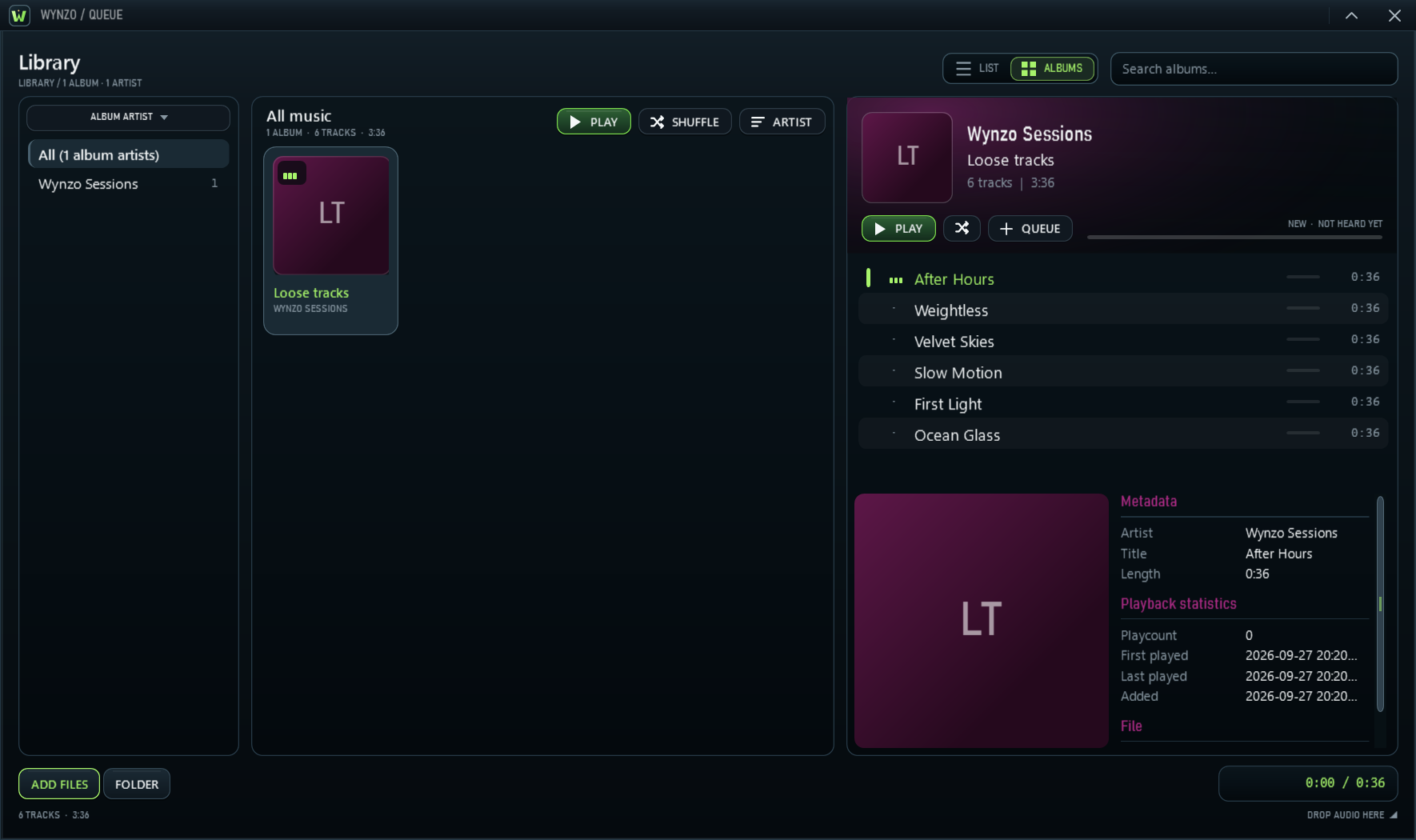 Wynzo queue album browser showing album artist, album and tracks