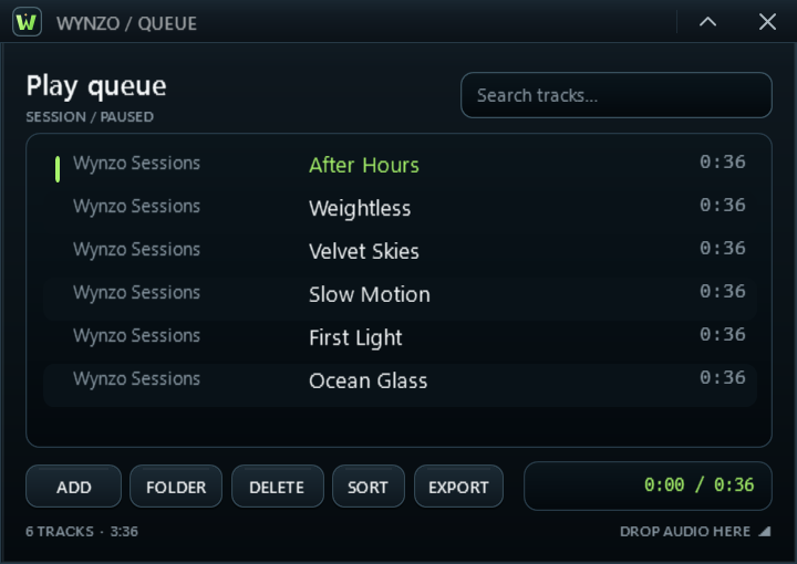Wynzo queue window with tracks and search